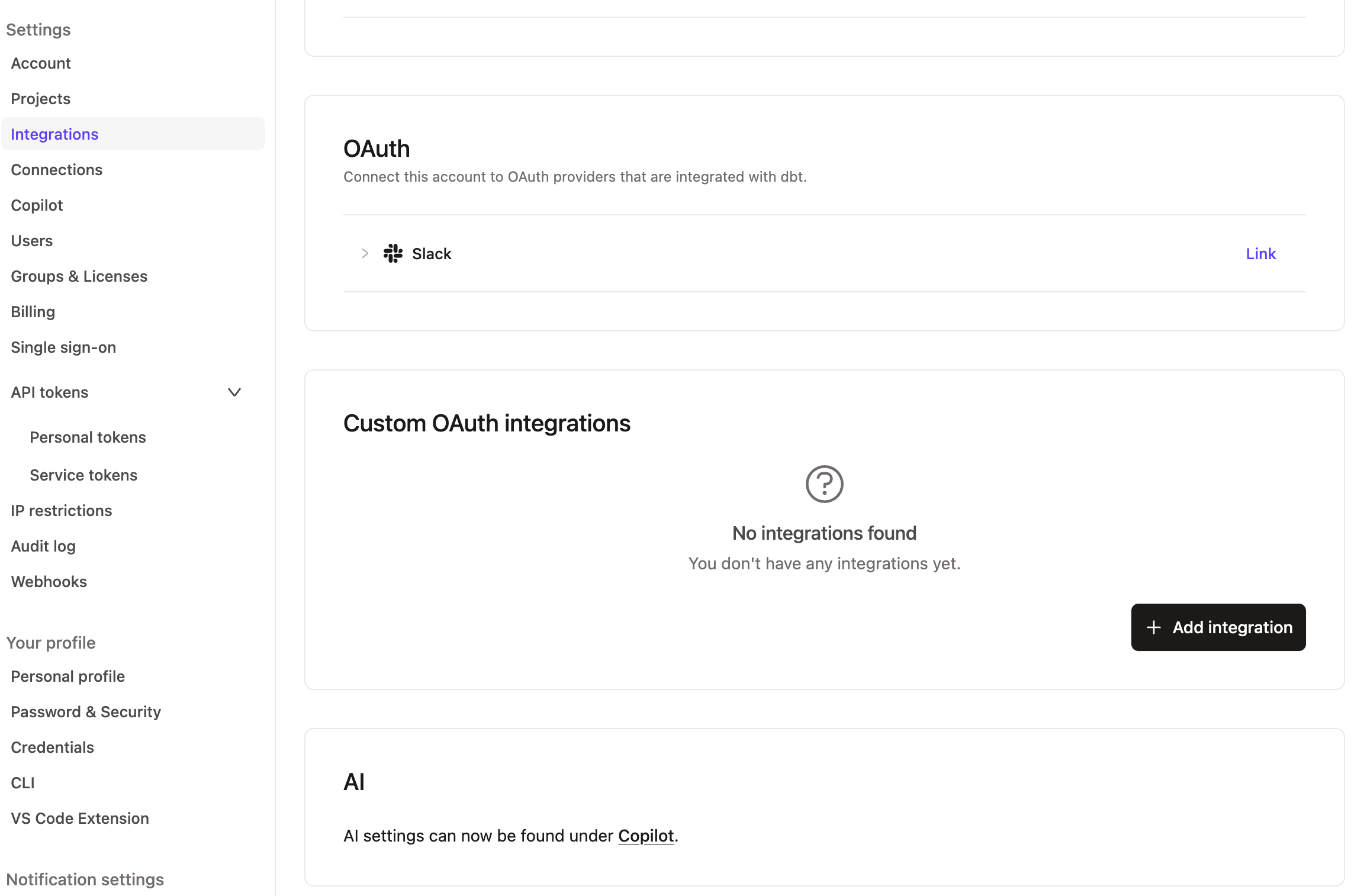 Example of the AI integration page Example of the AI integration page