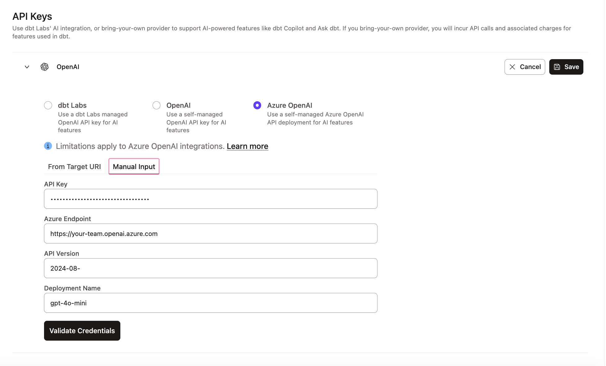Example of Azure OpenAI integration section Example of Azure OpenAI integration section
