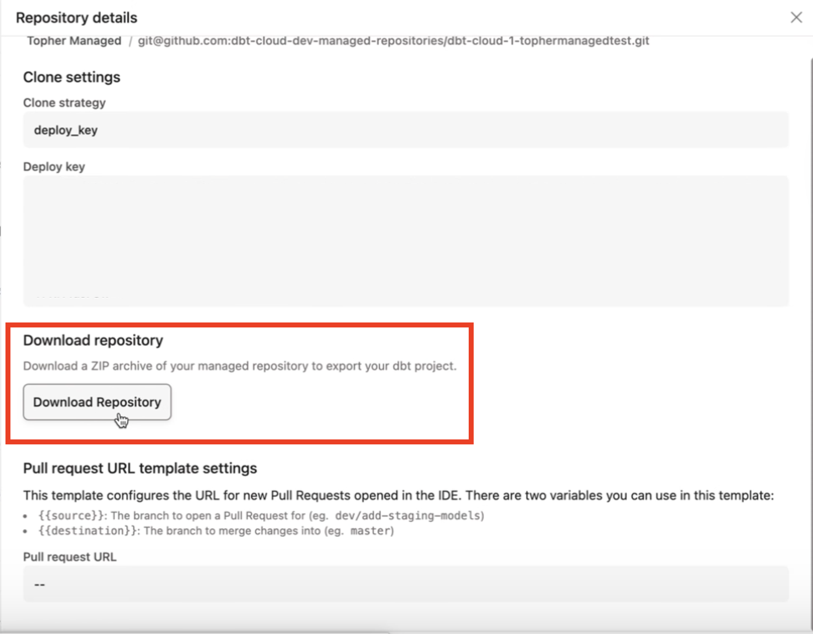 The download button for a managed repo.