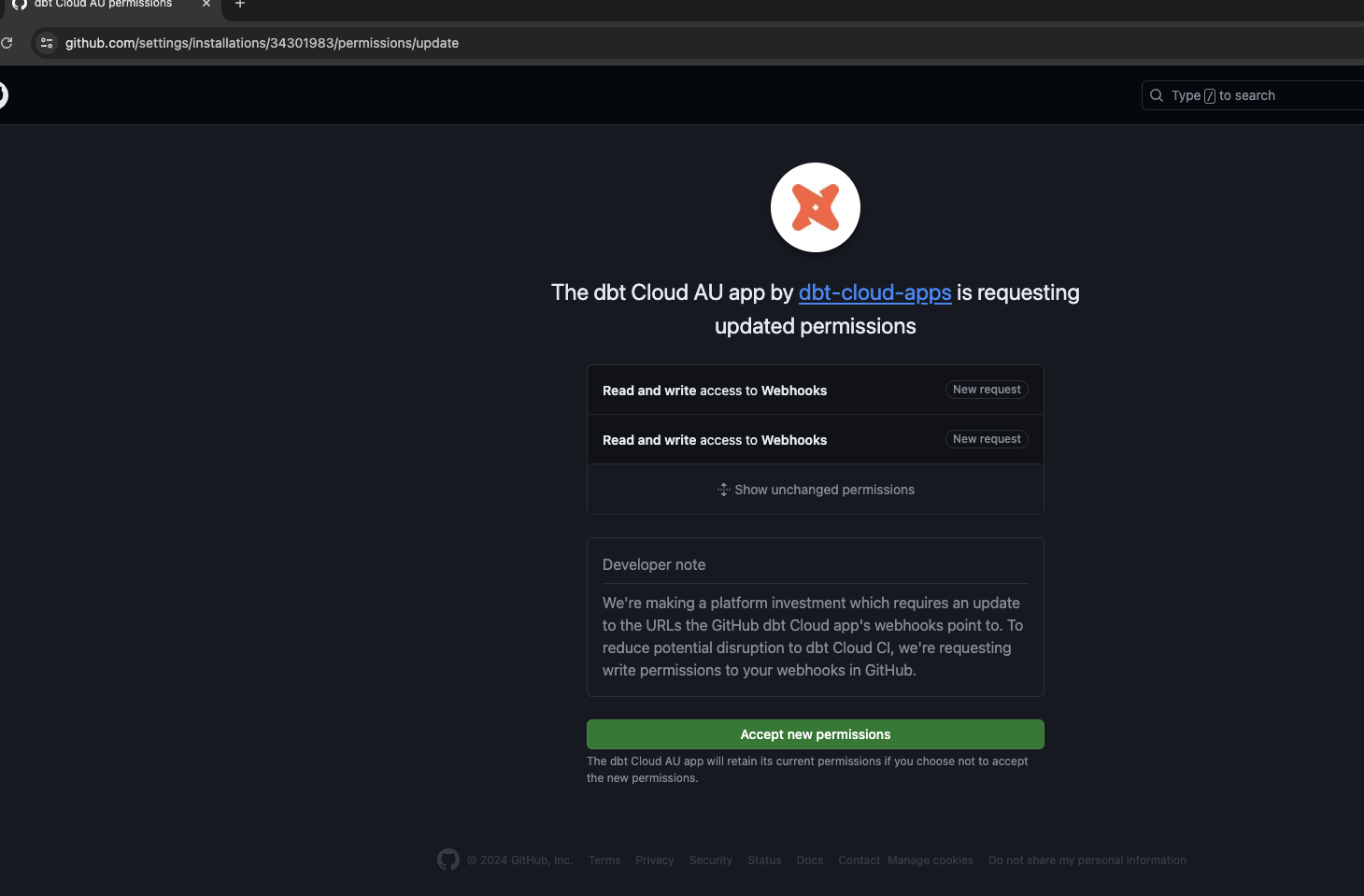 Grant access to the dbt app by accepting the new permissions. Grant access to the dbt app by accepting the new permissions.