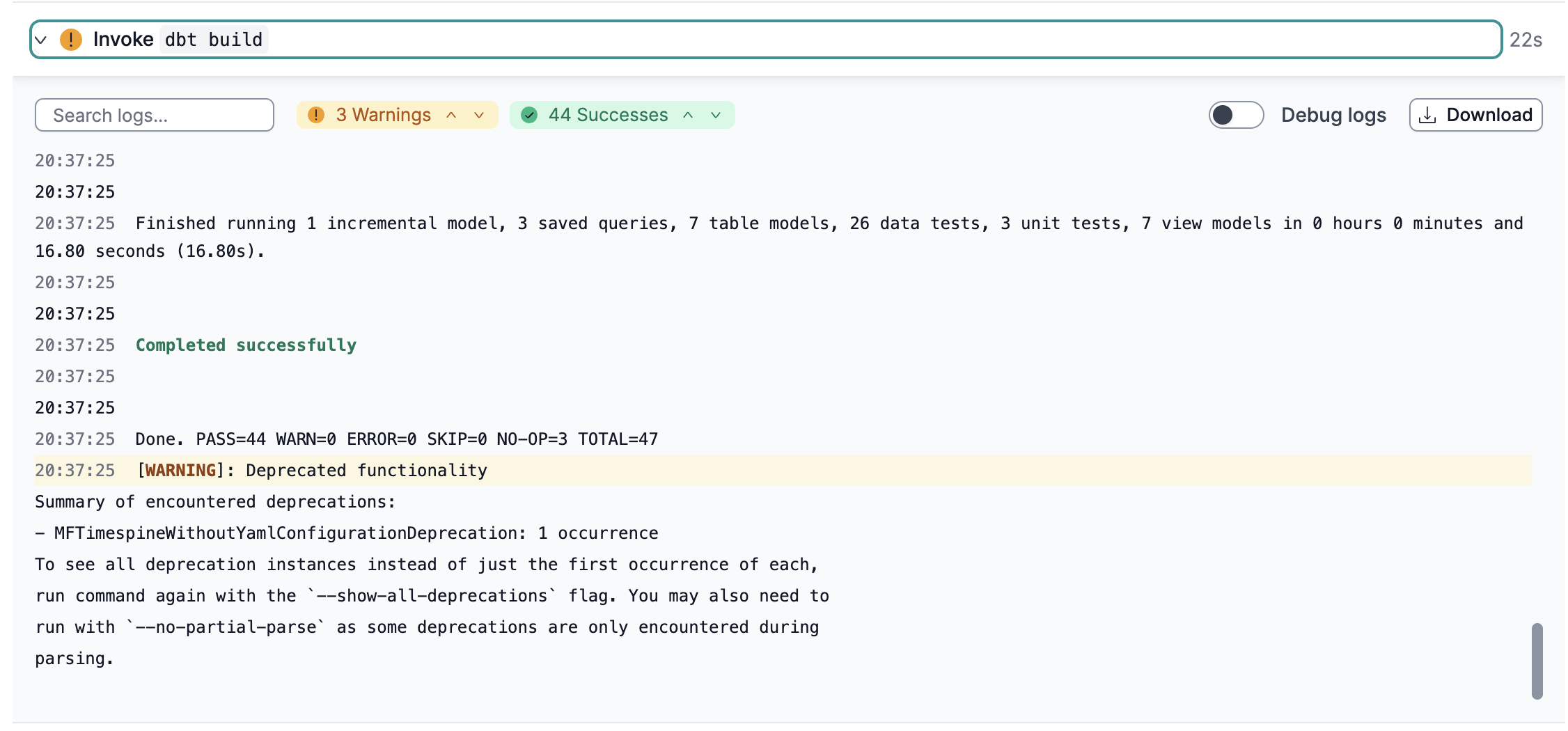 Deprecation warnings listed in the logs.