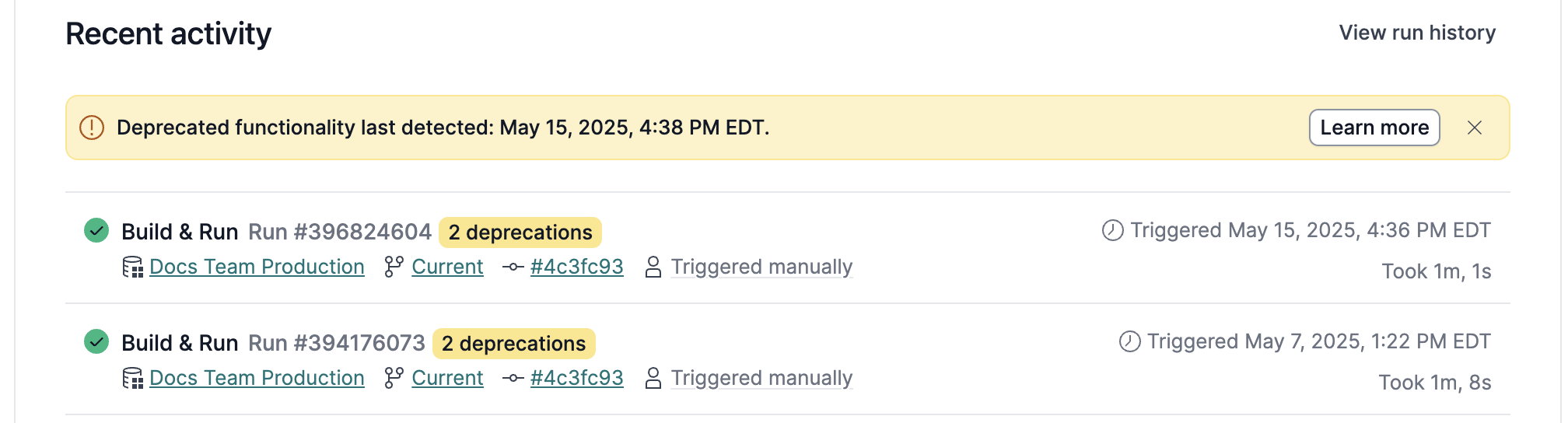 The deprecation warnings listed on the dbt dashboard.