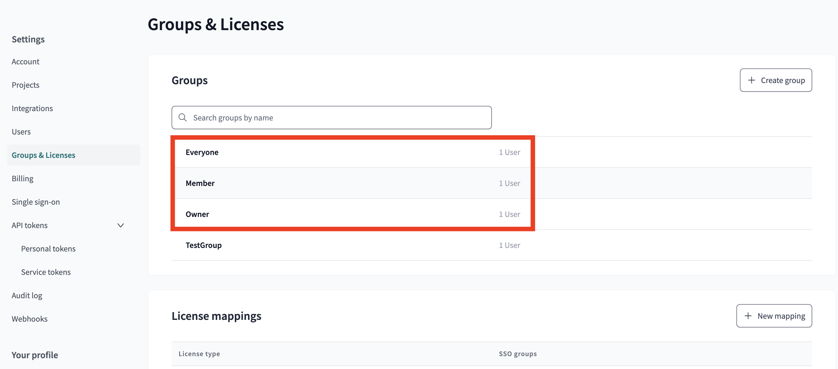 Groups & Licenses page in dbt with the default groups highlighted. Groups & Licenses page in dbt with the default groups highlighted.