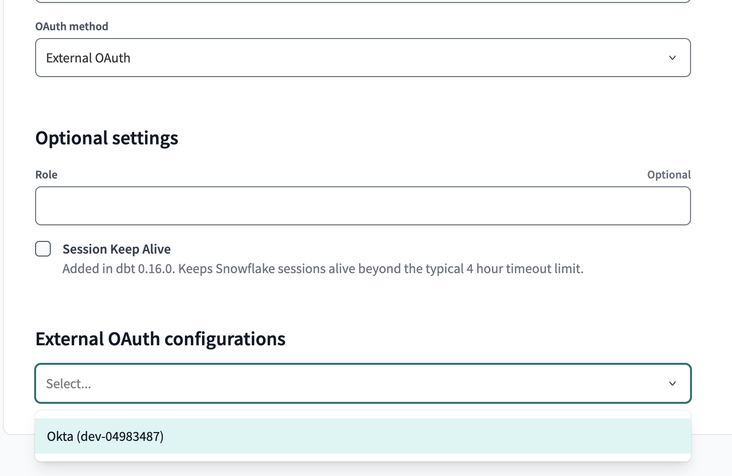 The new connection displayed in the External OAuth Configurations box. The new connection displayed in the External OAuth Configurations box.